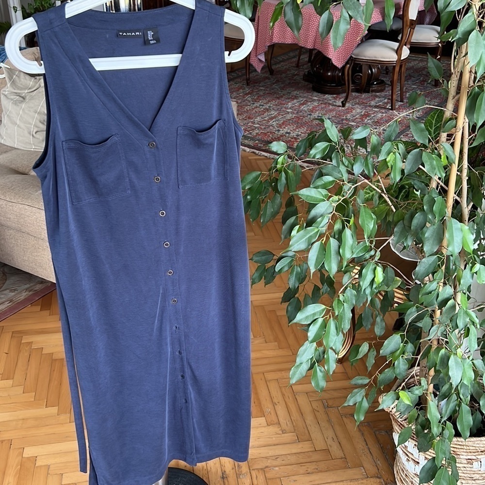 Tahari midnight blue midi button down sleeveless shirtdress - Picture 4 of 11
